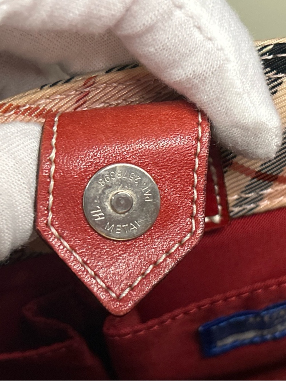 Vintage Burberry Nova Check Tote Bag Red Leather Trim Beige Plaid Shoulder Bag - Picture 12 of 13